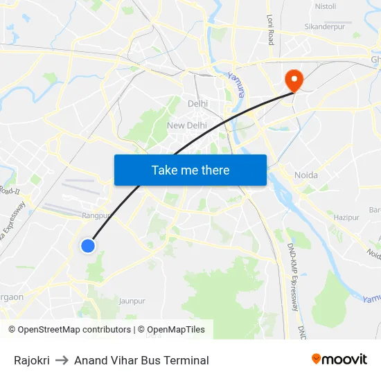 Rajokri to Anand Vihar Bus Terminal map