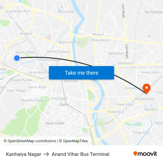Kanhaiya Nagar to Anand Vihar Bus Terminal map