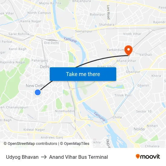 Udyog Bhavan to Anand Vihar Bus Terminal map