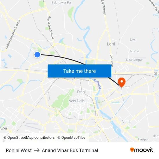 Rohini West to Anand Vihar Bus Terminal map