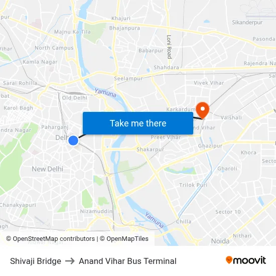 Shivaji Bridge to Anand Vihar Bus Terminal map