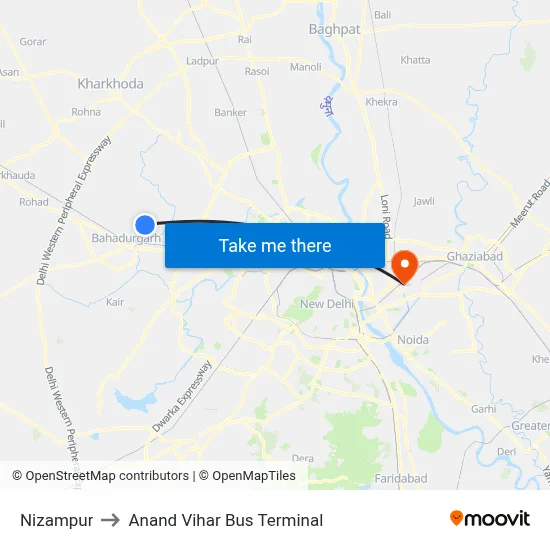 Nizampur to Anand Vihar Bus Terminal map