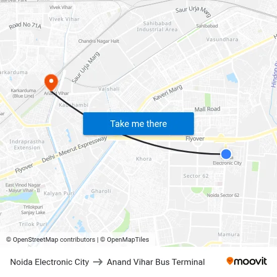 Noida Electronic City to Anand Vihar Bus Terminal map