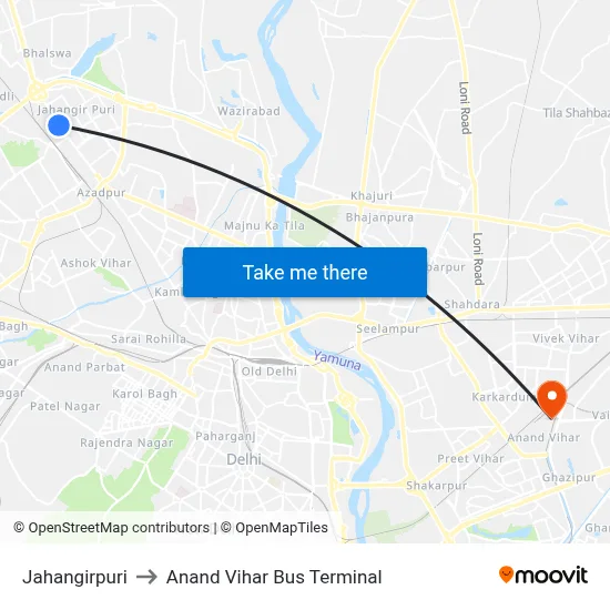Jahangirpuri to Anand Vihar Bus Terminal map
