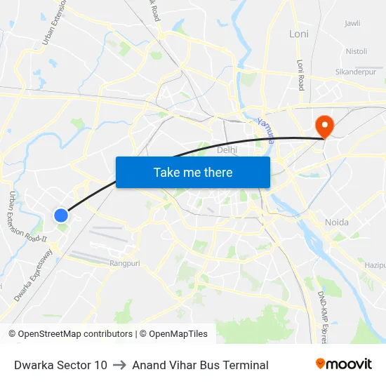 Dwarka Sector 10 to Anand Vihar Bus Terminal map