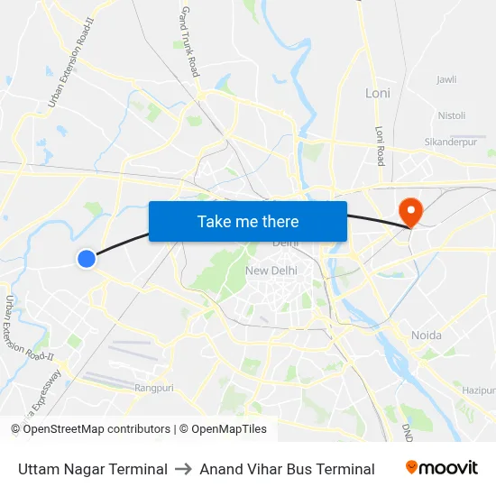 Uttam Nagar Terminal to Anand Vihar Bus Terminal map