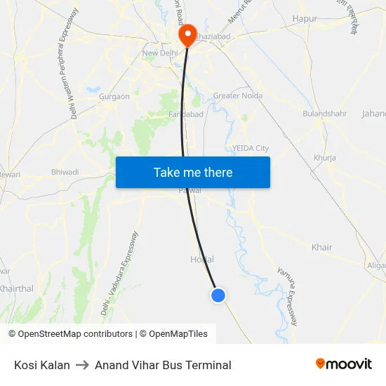 Kosi Kalan to Anand Vihar Bus Terminal map