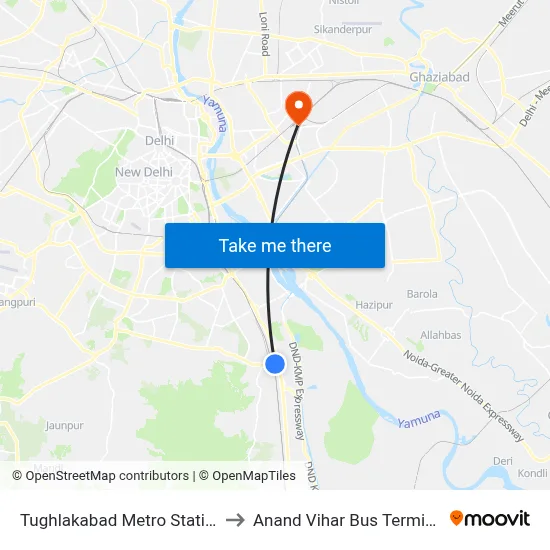 Tughlakabad Metro Station to Anand Vihar Bus Terminal map