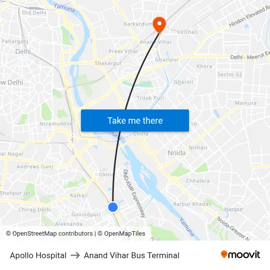 Apollo Hospital to Anand Vihar Bus Terminal map