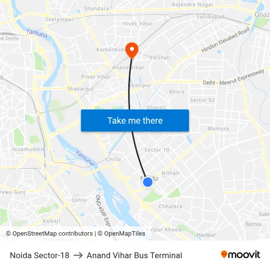 Noida Sector-18 to Anand Vihar Bus Terminal map