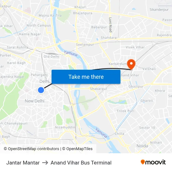 Jantar Mantar to Anand Vihar Bus Terminal map