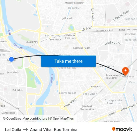 Lal Quila to Anand Vihar Bus Terminal map