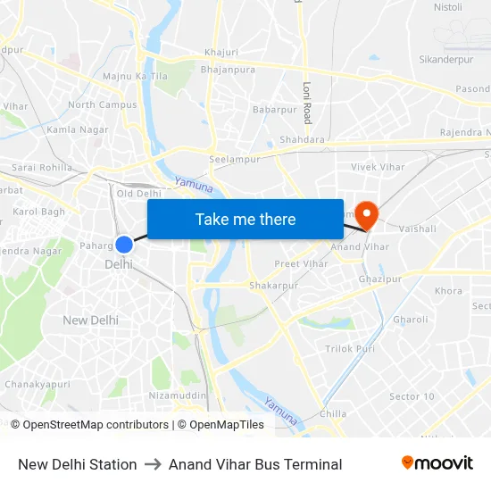 New Delhi Station to Anand Vihar Bus Terminal map