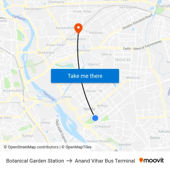 Botanical Garden Station to Anand Vihar Bus Terminal map