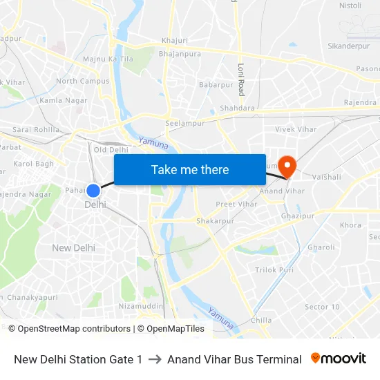 New Delhi Station Gate 1 to Anand Vihar Bus Terminal map