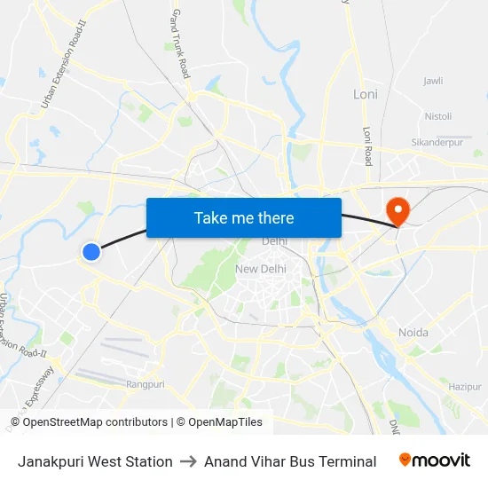 Janakpuri West Station to Anand Vihar Bus Terminal map