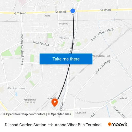 Dilshad Garden Station to Anand Vihar Bus Terminal map