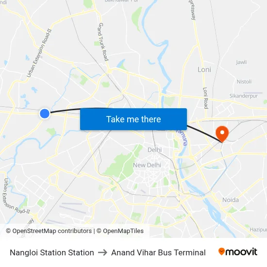Nangloi Station Station to Anand Vihar Bus Terminal map