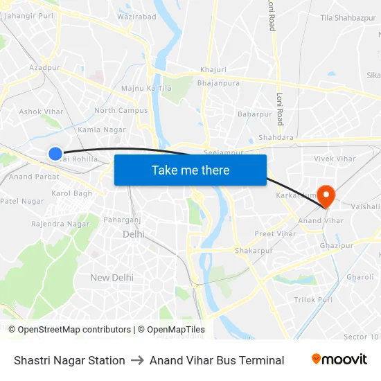 Shastri Nagar Station to Anand Vihar Bus Terminal map