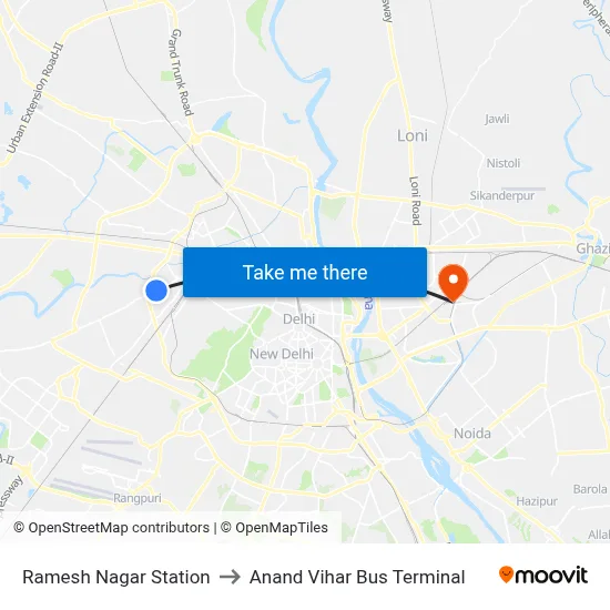 Ramesh Nagar Station to Anand Vihar Bus Terminal map