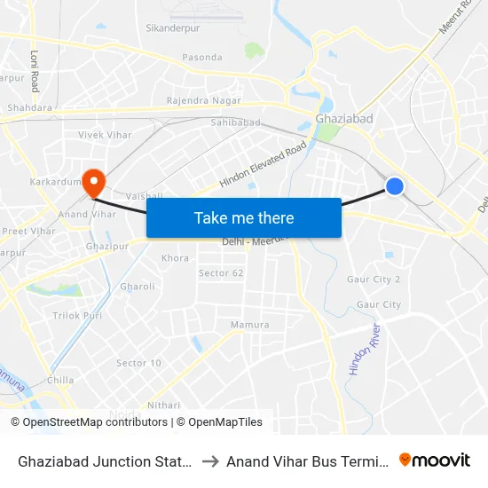 Ghaziabad Junction Station to Anand Vihar Bus Terminal map