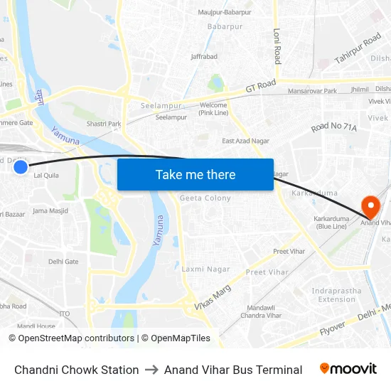 Chandni Chowk Station to Anand Vihar Bus Terminal map