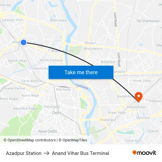 Azadpur Station to Anand Vihar Bus Terminal map