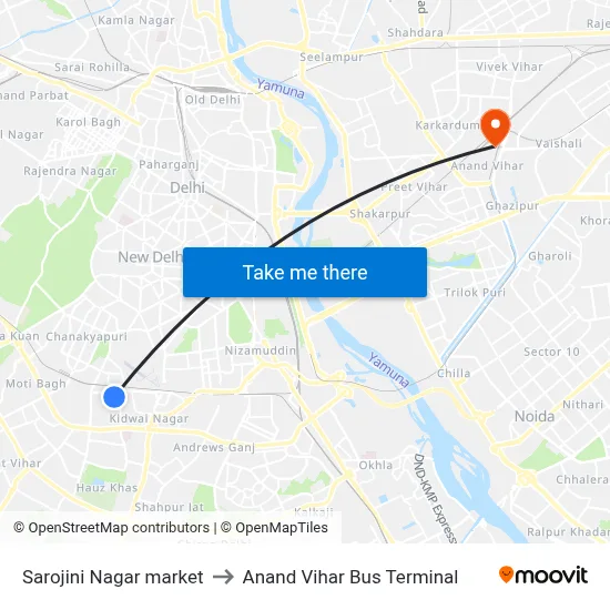 Sarojini Nagar market to Anand Vihar Bus Terminal map