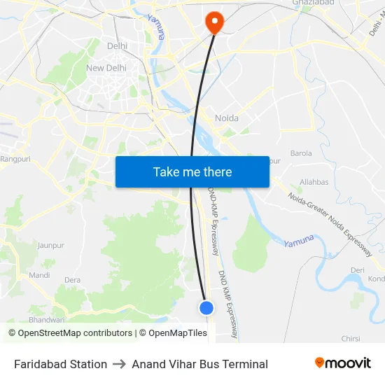 Faridabad Station to Anand Vihar Bus Terminal map