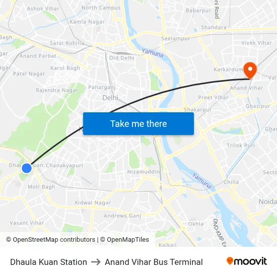 Dhaula Kuan Station to Anand Vihar Bus Terminal map