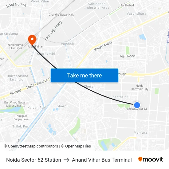 Noida Sector 62 Station to Anand Vihar Bus Terminal map