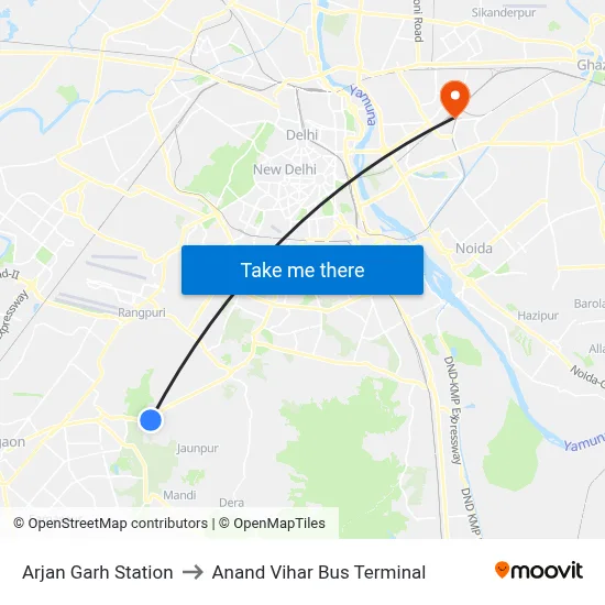 Arjan Garh Station to Anand Vihar Bus Terminal map
