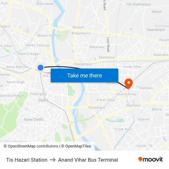 Tis Hazari Station to Anand Vihar Bus Terminal map