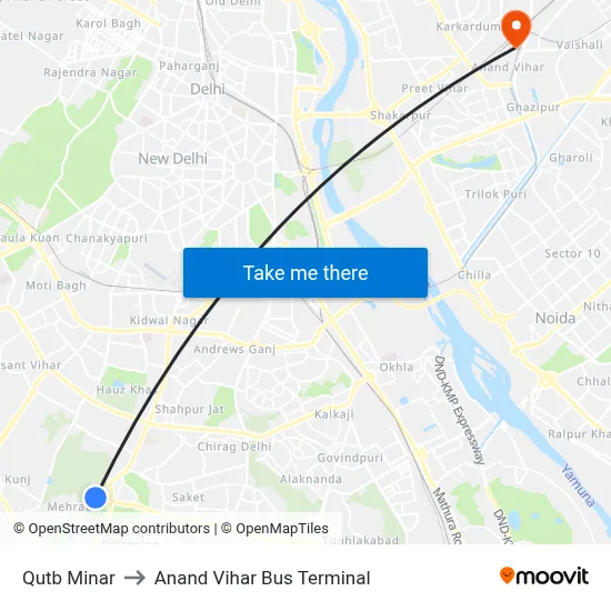 Qutb Minar to Anand Vihar Bus Terminal map