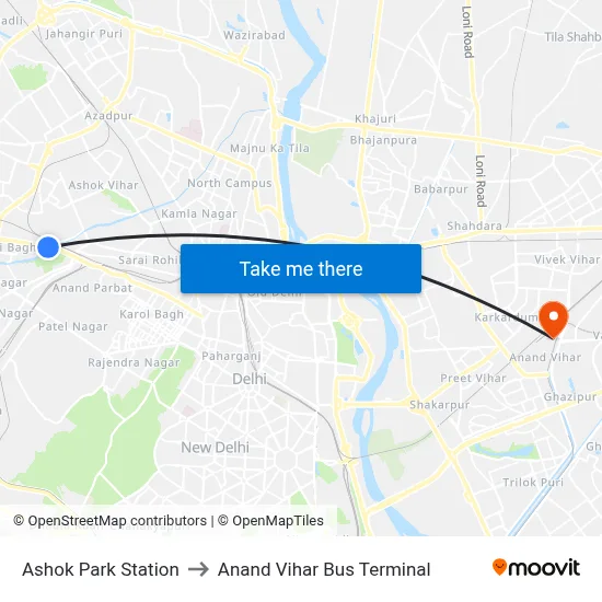 Ashok Park Station to Anand Vihar Bus Terminal map