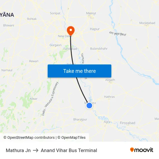 Mathura Jn to Anand Vihar Bus Terminal map