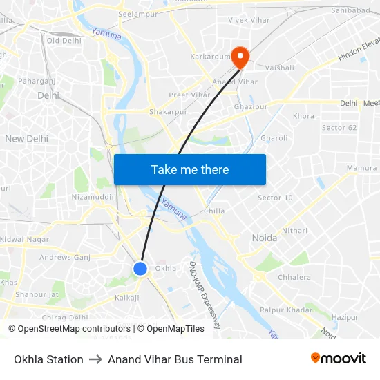 Okhla Station to Anand Vihar Bus Terminal map