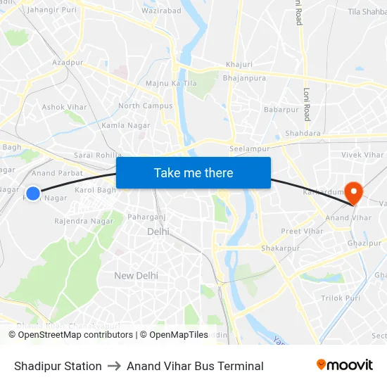 Shadipur Station to Anand Vihar Bus Terminal map