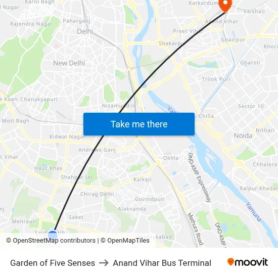 Garden of Five Senses to Anand Vihar Bus Terminal map