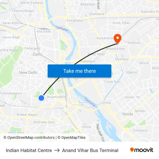 Indian Habitat Centre to Anand Vihar Bus Terminal map