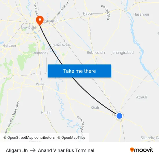 Aligarh Jn to Anand Vihar Bus Terminal map