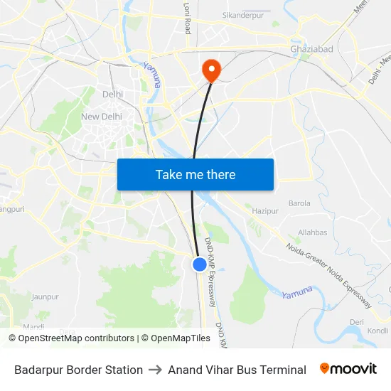 Badarpur Border Station to Anand Vihar Bus Terminal map