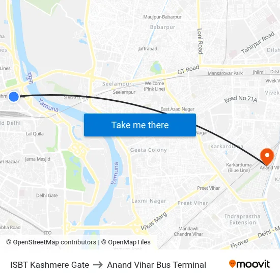 ISBT Kashmere Gate to Anand Vihar Bus Terminal map