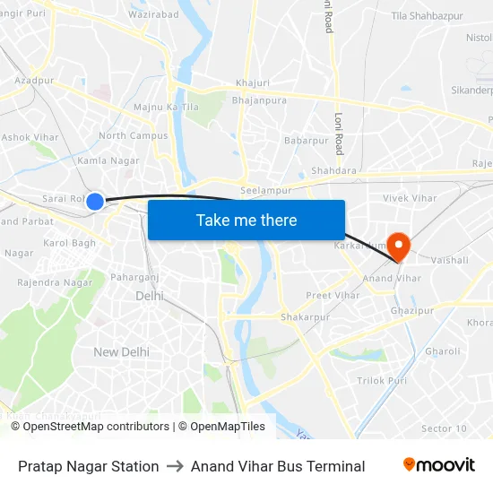 Pratap Nagar Station to Anand Vihar Bus Terminal map