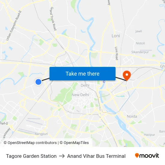 Tagore Garden Station to Anand Vihar Bus Terminal map