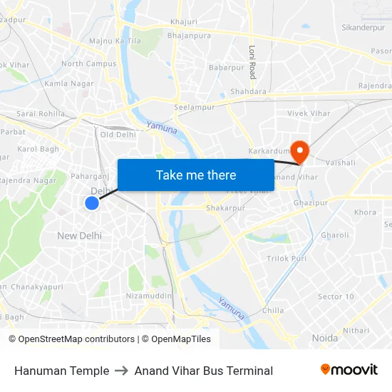 Hanuman Temple to Anand Vihar Bus Terminal map