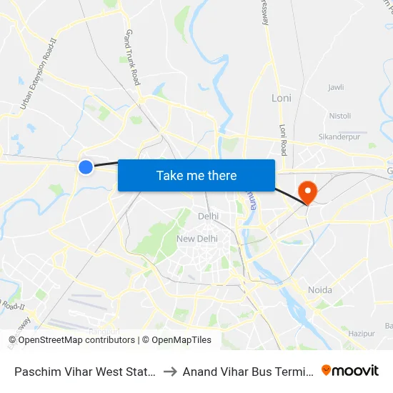 Paschim Vihar West Station to Anand Vihar Bus Terminal map
