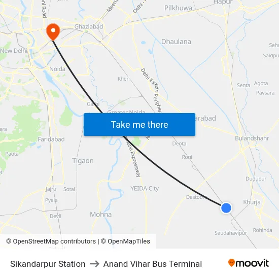 Sikandarpur Station to Anand Vihar Bus Terminal map