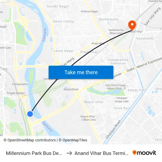 Millennium Park Bus Depot to Anand Vihar Bus Terminal map