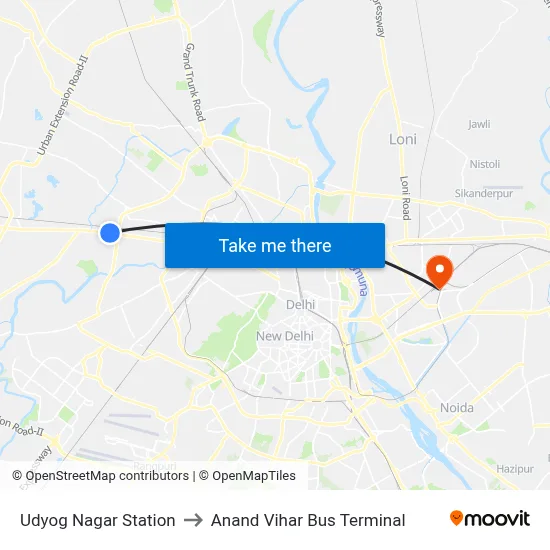 Udyog Nagar Station to Anand Vihar Bus Terminal map